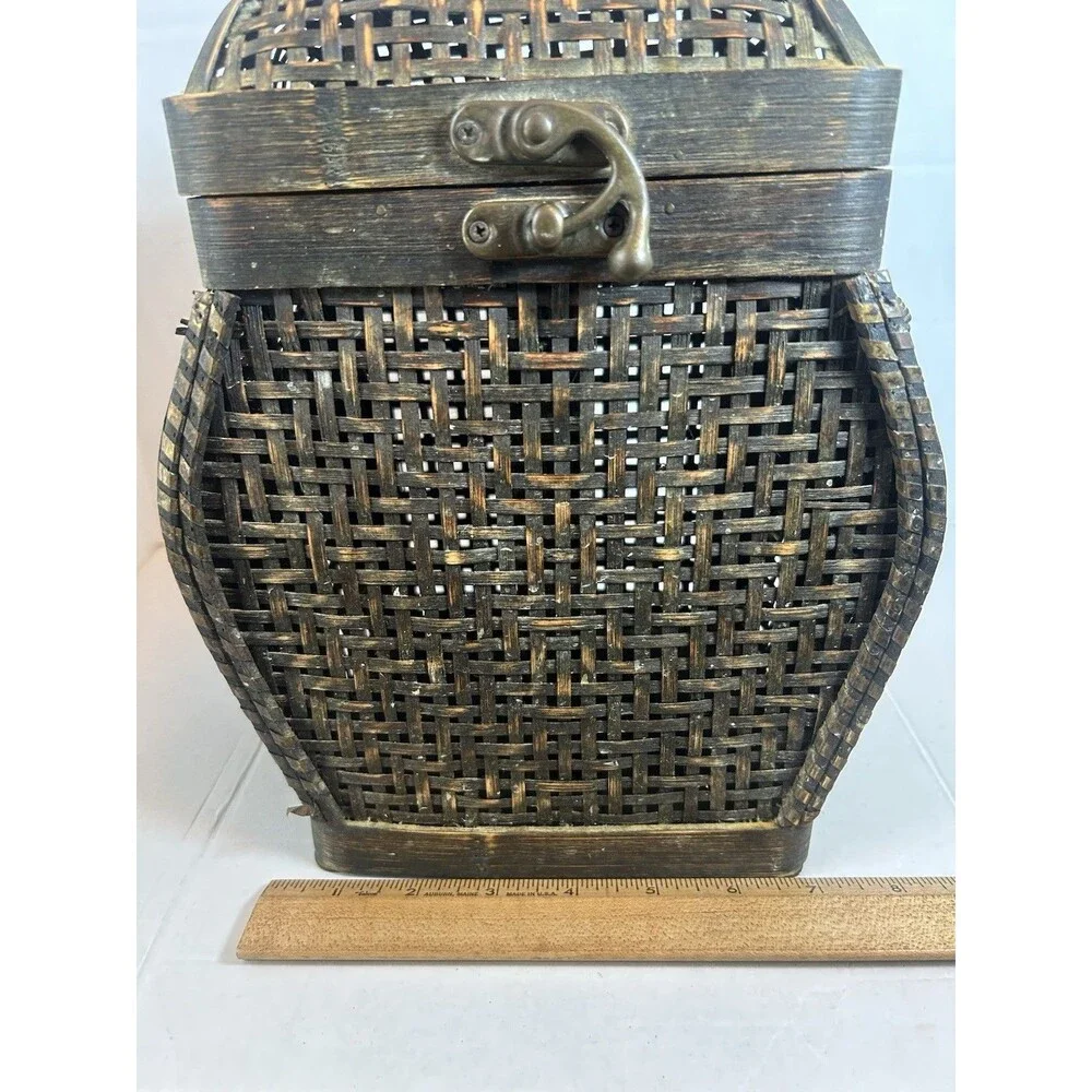 Vintage Woven Wood Basket Box Latch Lid Rustic Decor Storage 11” Tall